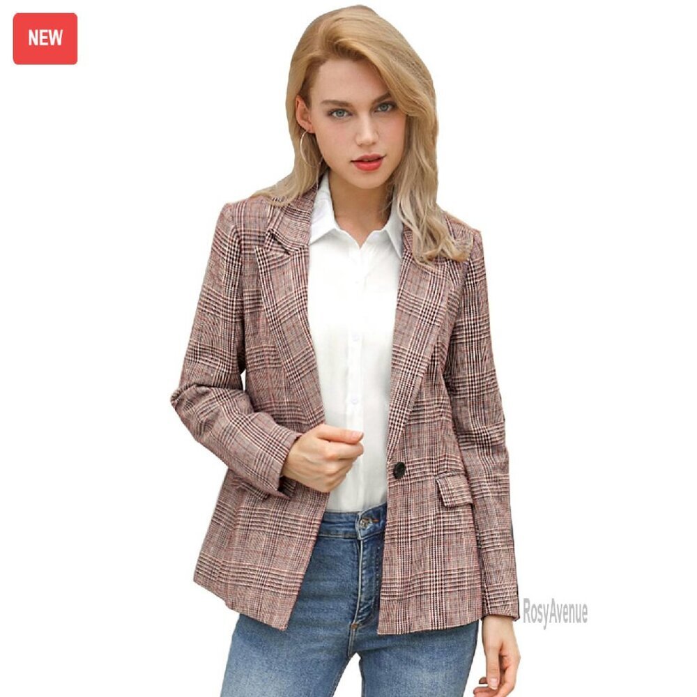 Women's Houndstooth Boyfriend Blazer - One Button, Padded Shoulder, Lined